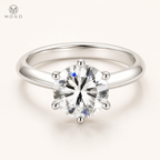 Charlotte round moissanite solitaire ring on ivory with MOSO logo