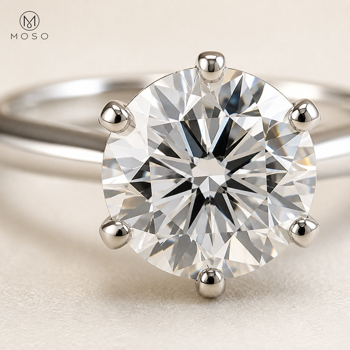 Charlotte round brilliant moissanite six prong macro detail