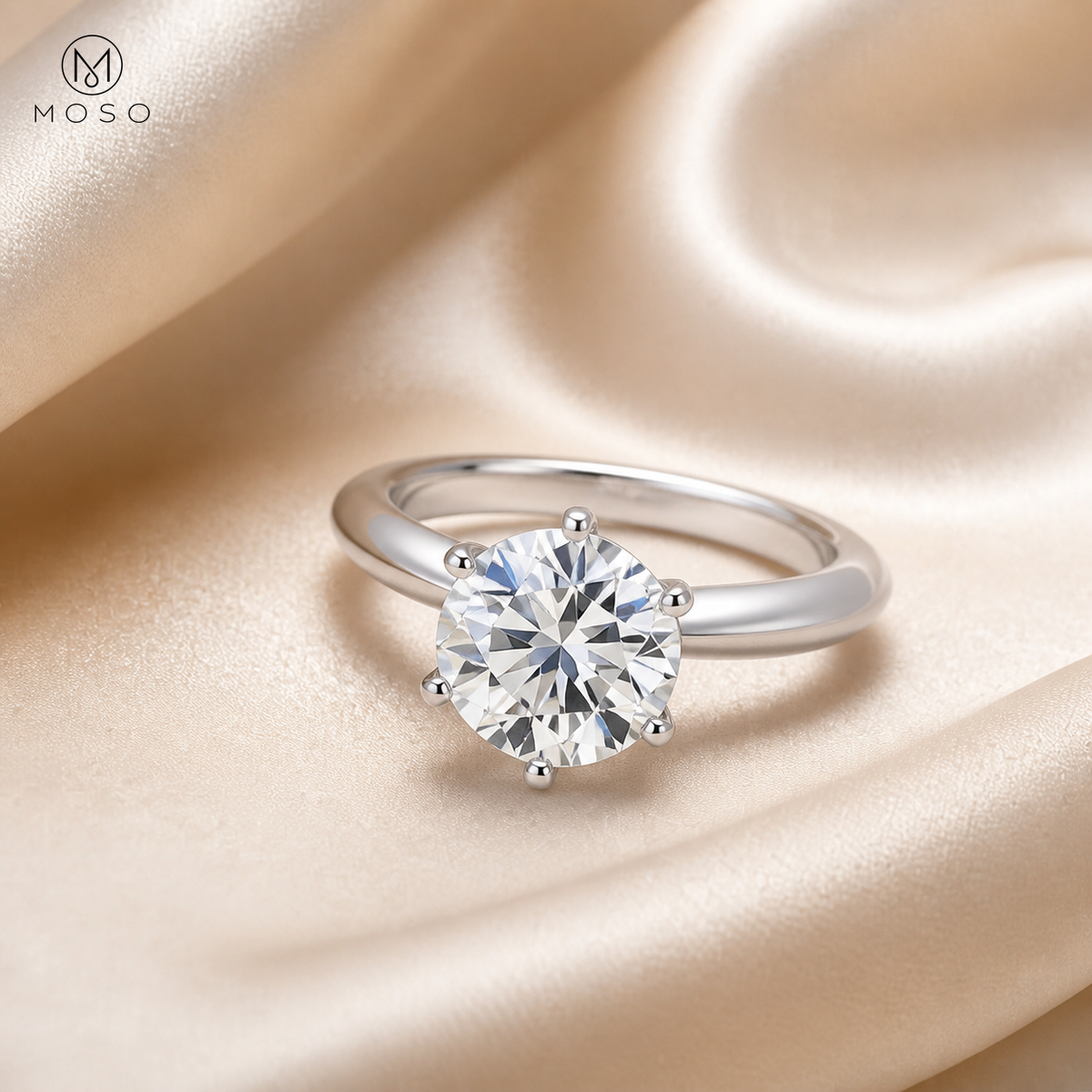 Charlotte round moissanite ring on champagne silk