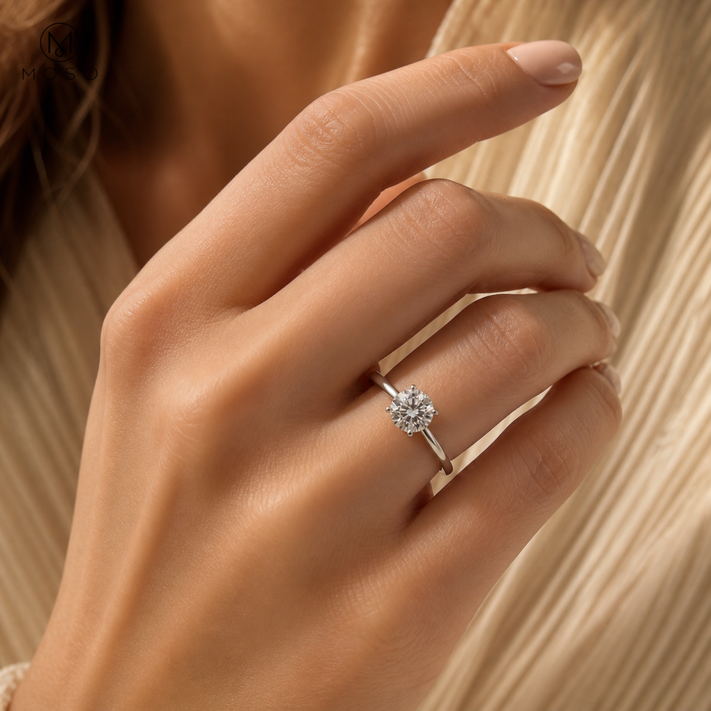 Woman wearing Charlotte round moissanite solitaire ring