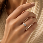 Woman wearing Charlotte round moissanite solitaire ring