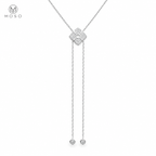 Chloe moissanite four petal lariat necklace in silver tone on white
