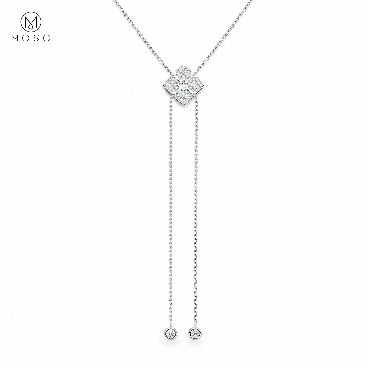 Chloe moissanite four petal lariat necklace in silver tone on white