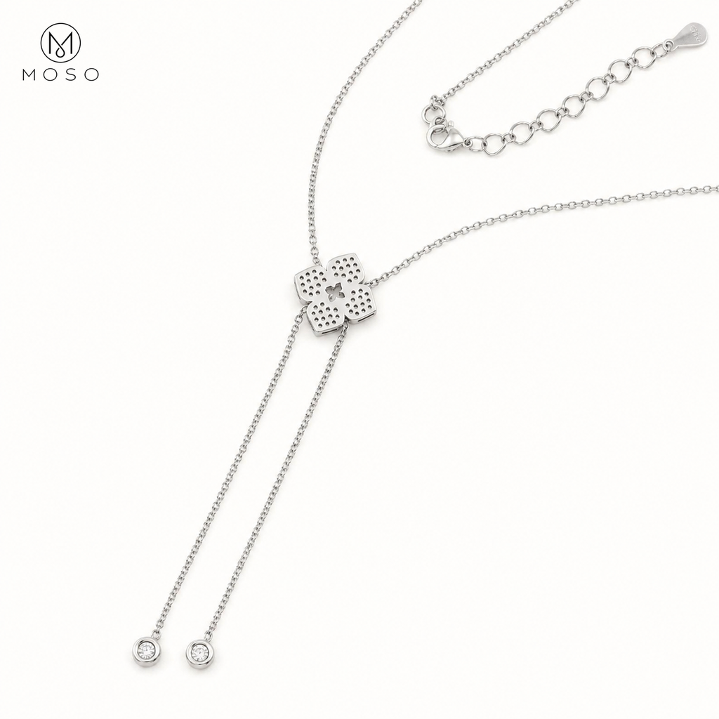 Chloe moissanite lariat necklace reverse, clasp and extension chain