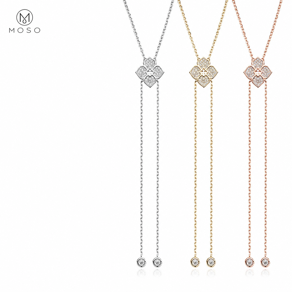 Chloe moissanite lariat necklace in silver, gold and rose gold tone finishes