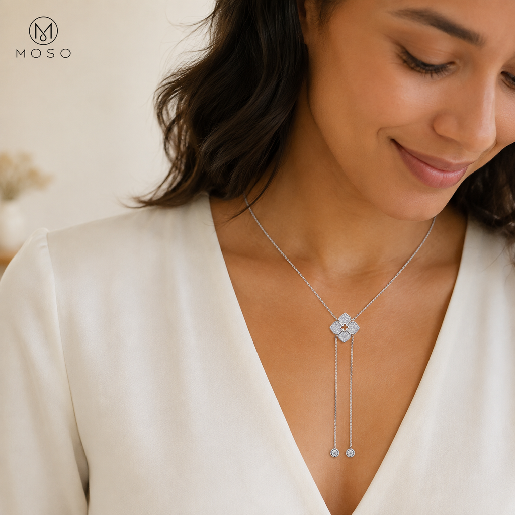 Chloe silver tone moissanite lariat necklace worn in natural daylight