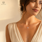 Chloe rose gold tone moissanite lariat necklace worn at golden hour