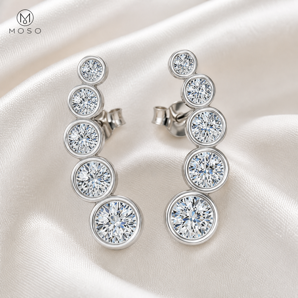 Eliana five stone silver moissanite drop earrings macro