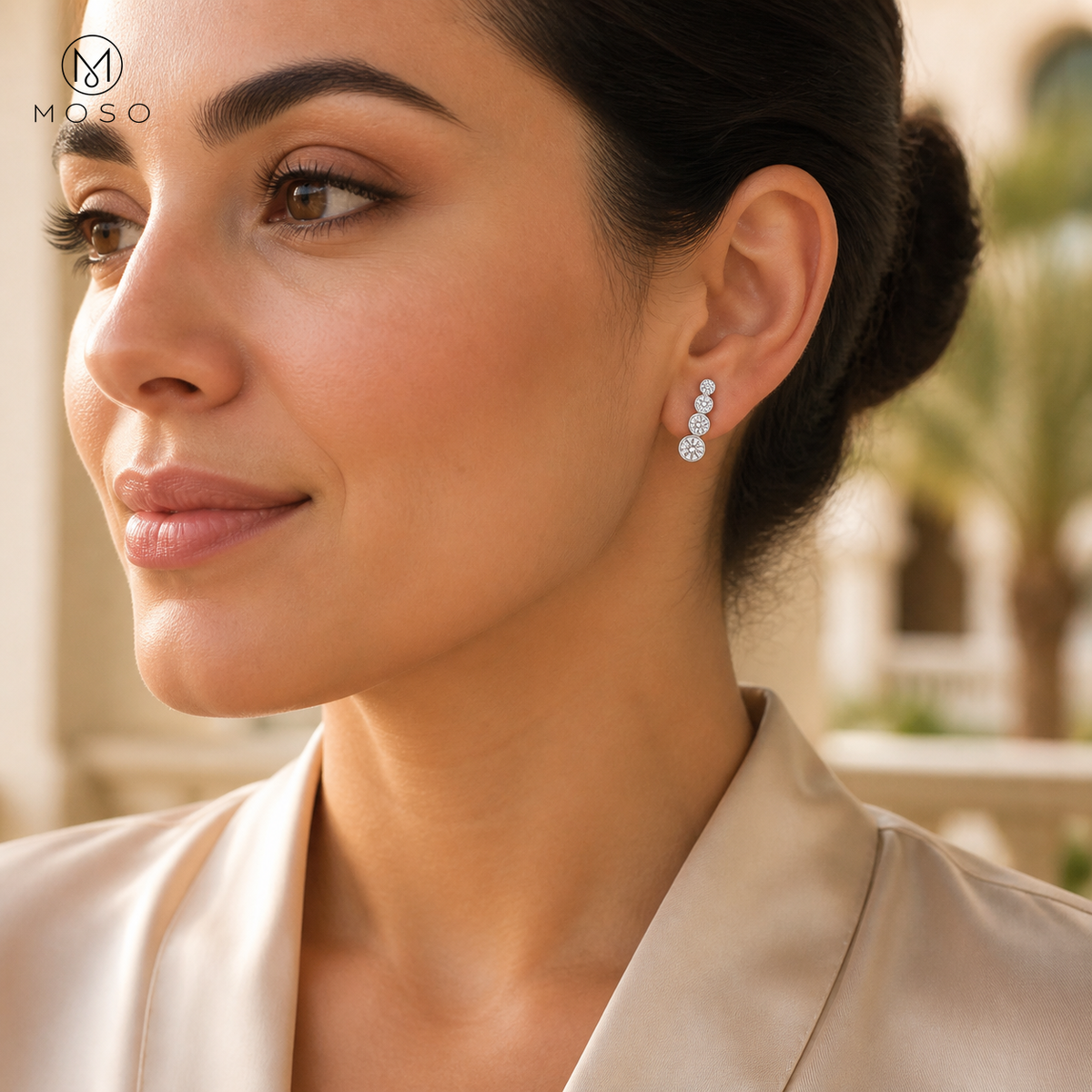 Eliana compact silver moissanite earrings worn in daylight