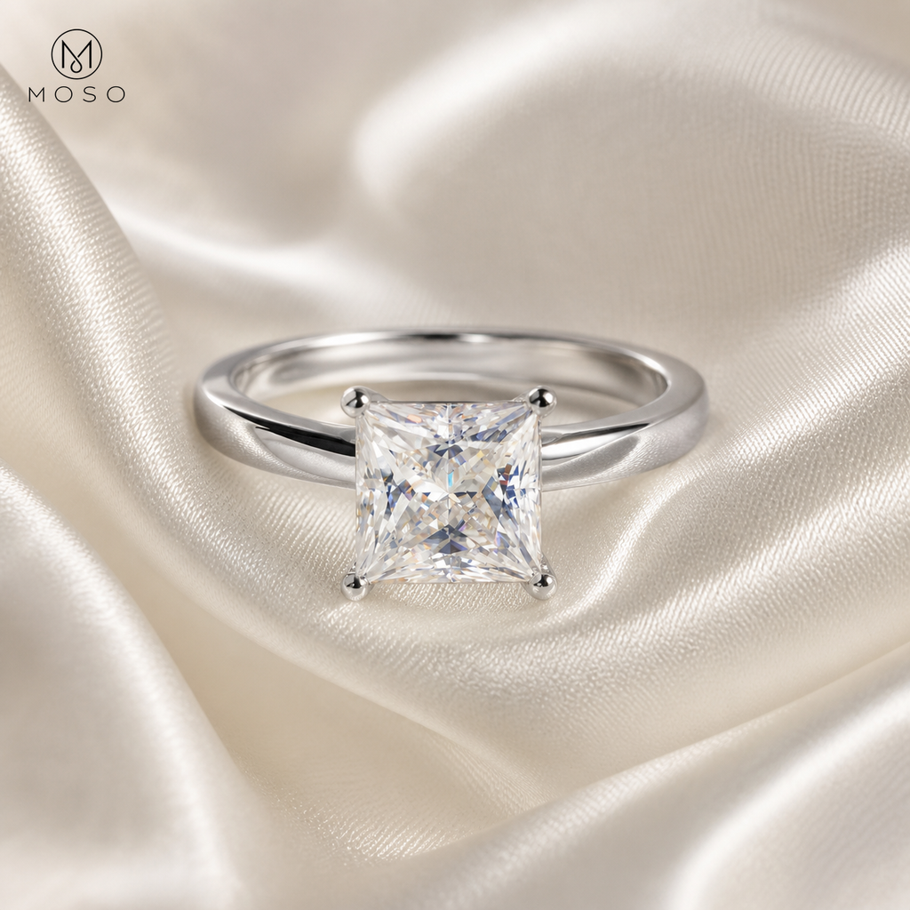 Ella princess cut moissanite ring on ivory satin