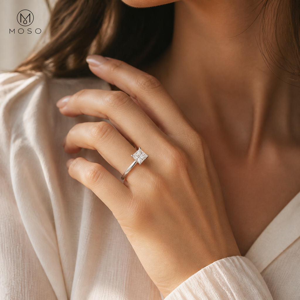 Ella princess cut solitaire ring worn on hand