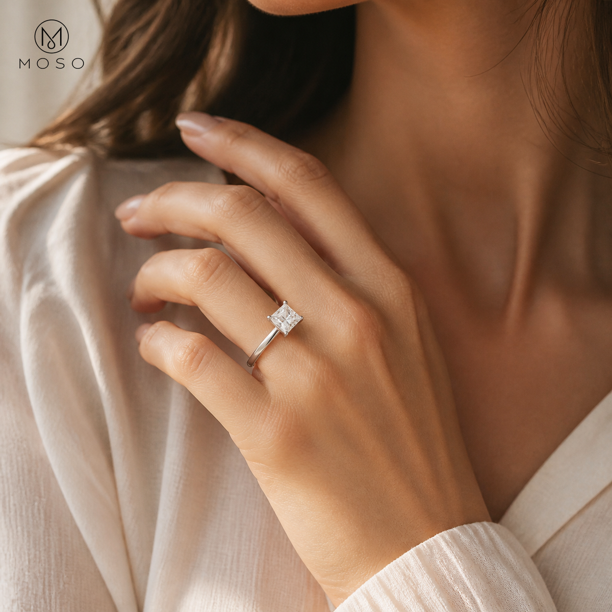 Ella princess cut solitaire ring worn on hand
