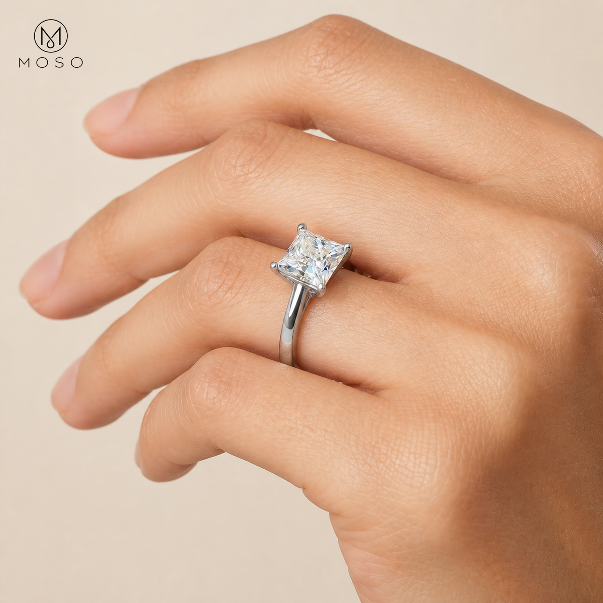 Ella four prong princess cut ring side view on hand
