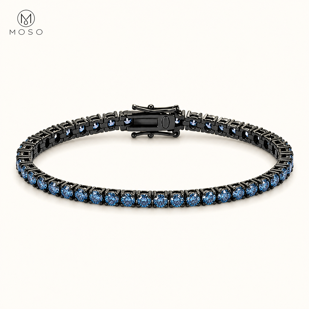 Ellie royal blue moissanite tennis bracelet in black tone sterling silver, 3 mm, MOSO UAE