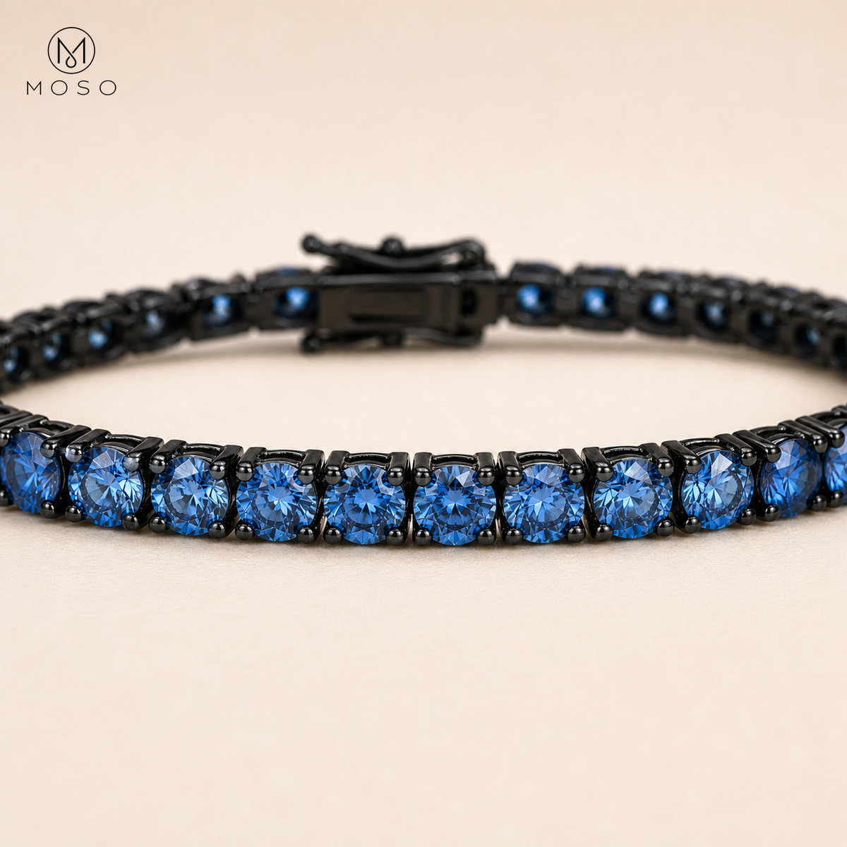 Royal blue round moissanite four prong tennis bracelet macro