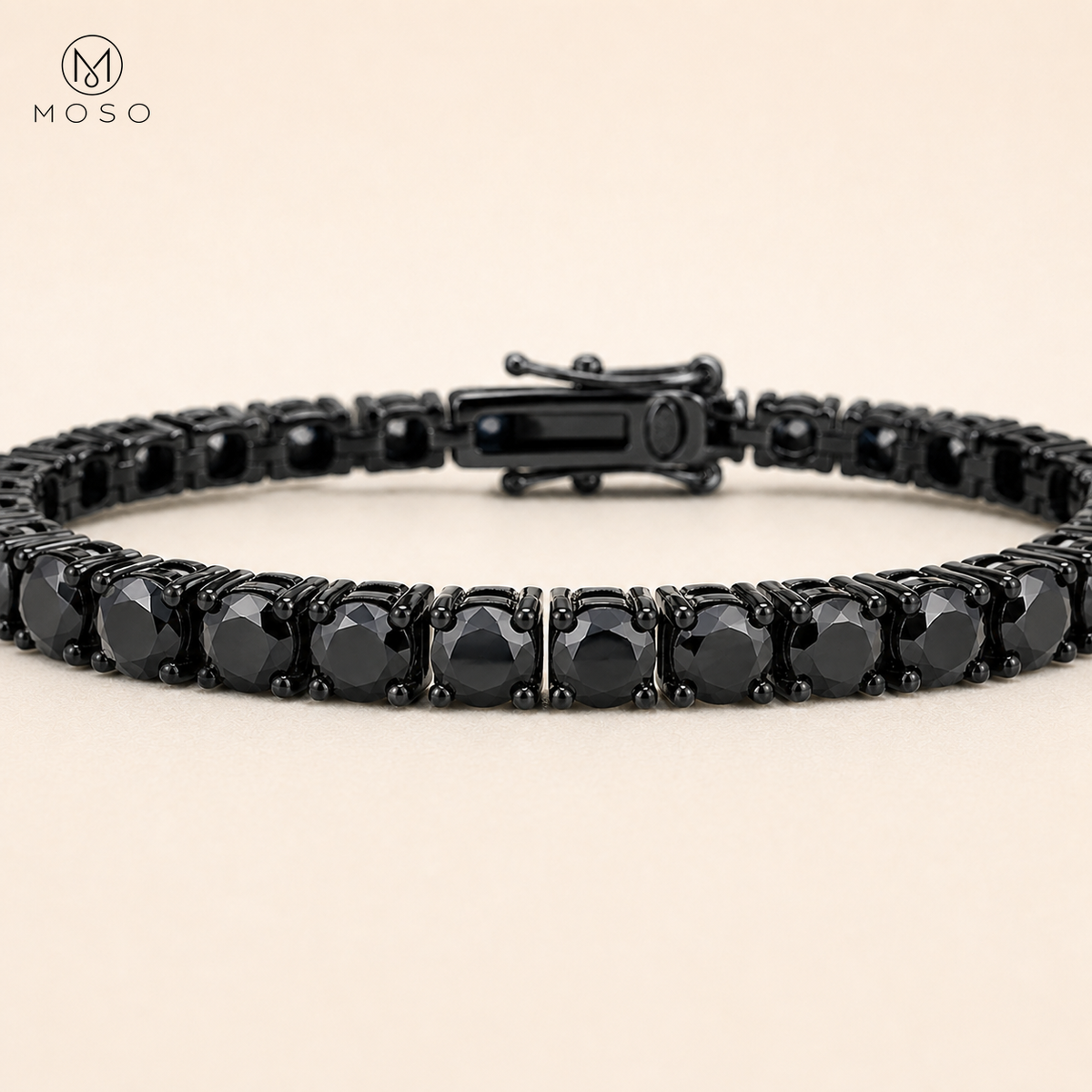Black round moissanite tennis bracelet macro detail