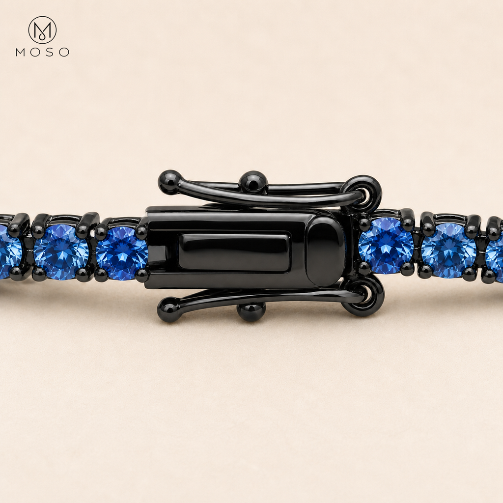 Ellie tennis bracelet black tone box clasp and safety catch detail