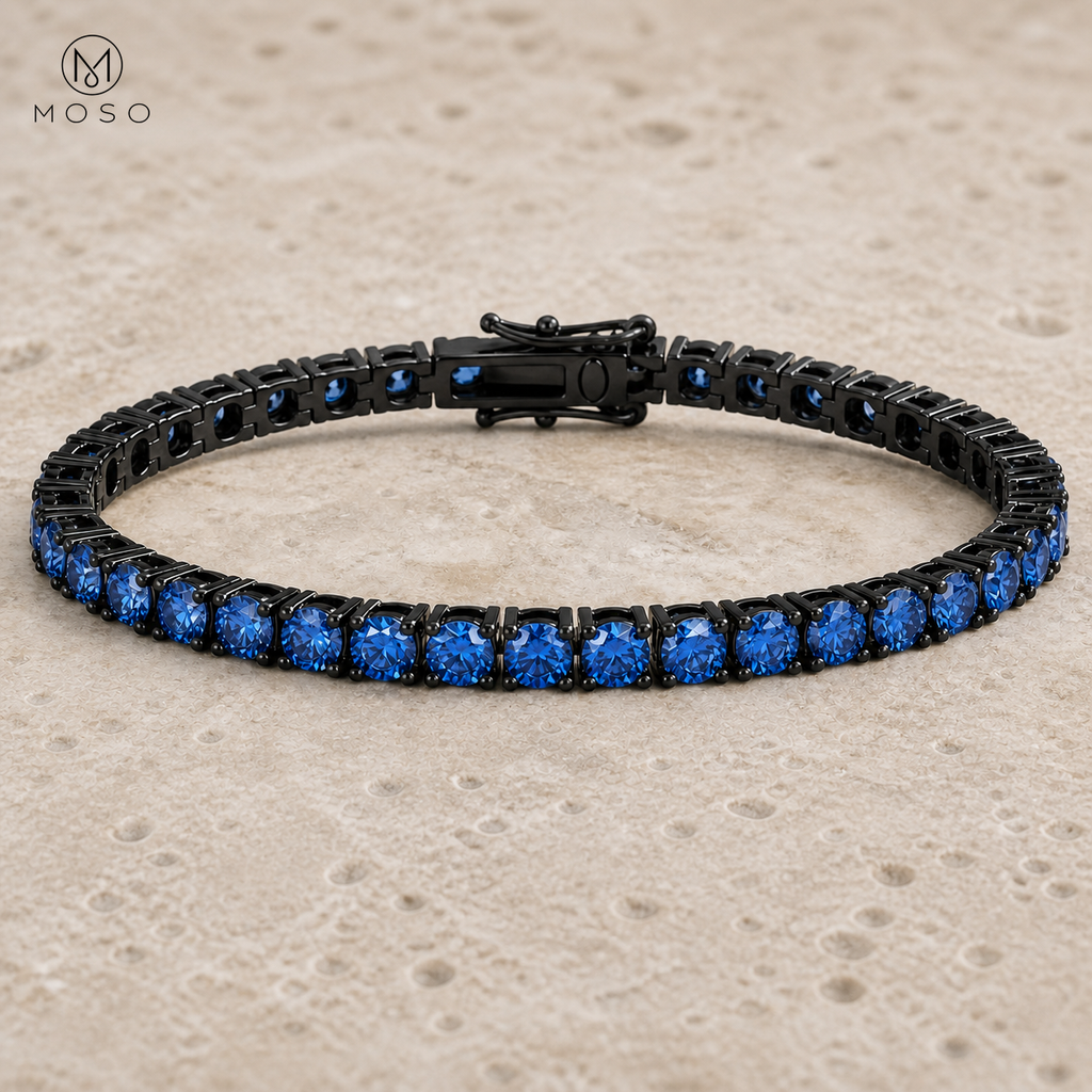 Ellie blue moissanite bracelet open basket and articulated link detail