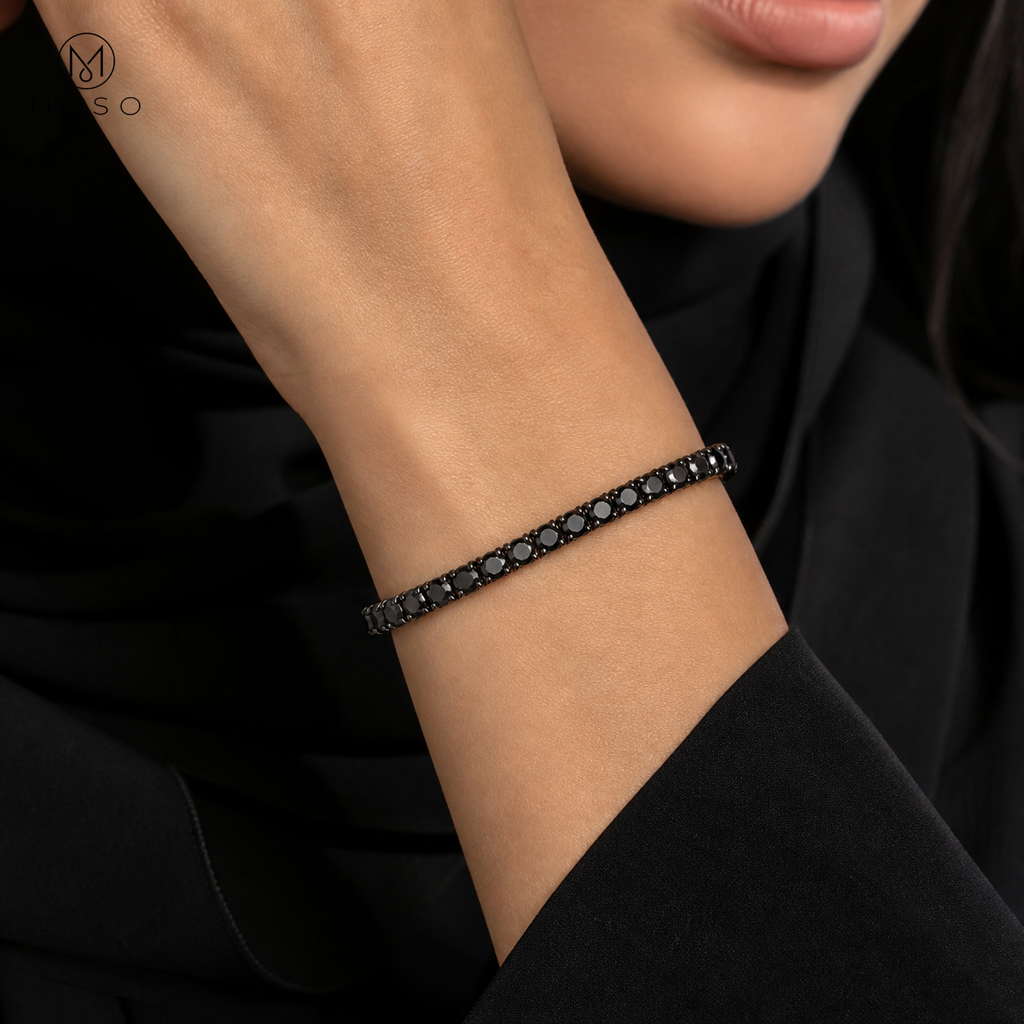Woman wearing Ellie black 4 mm moissanite tennis bracelet