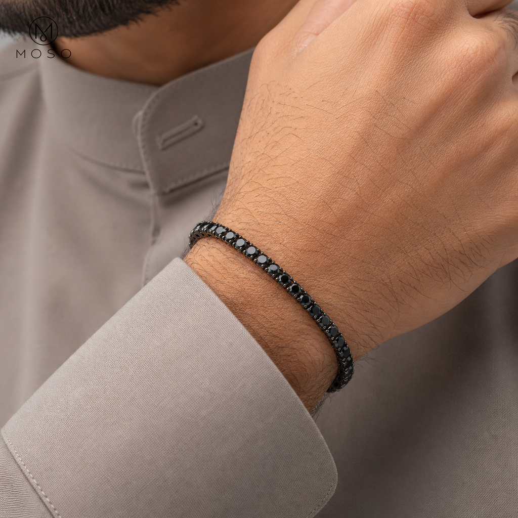 Man wearing Ellie black 5 mm moissanite tennis bracelet