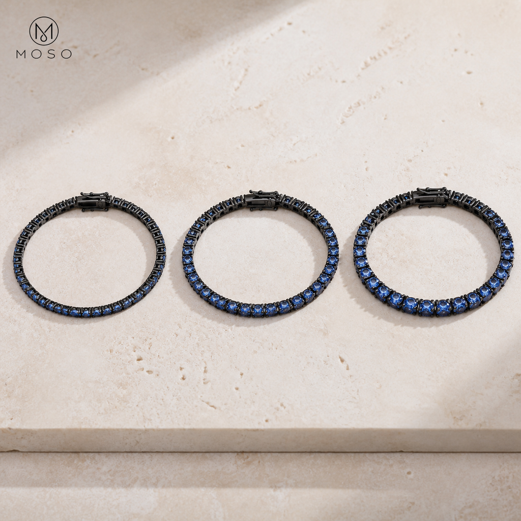 Ellie blue moissanite tennis bracelet 3 mm 4 mm and 5 mm comparison