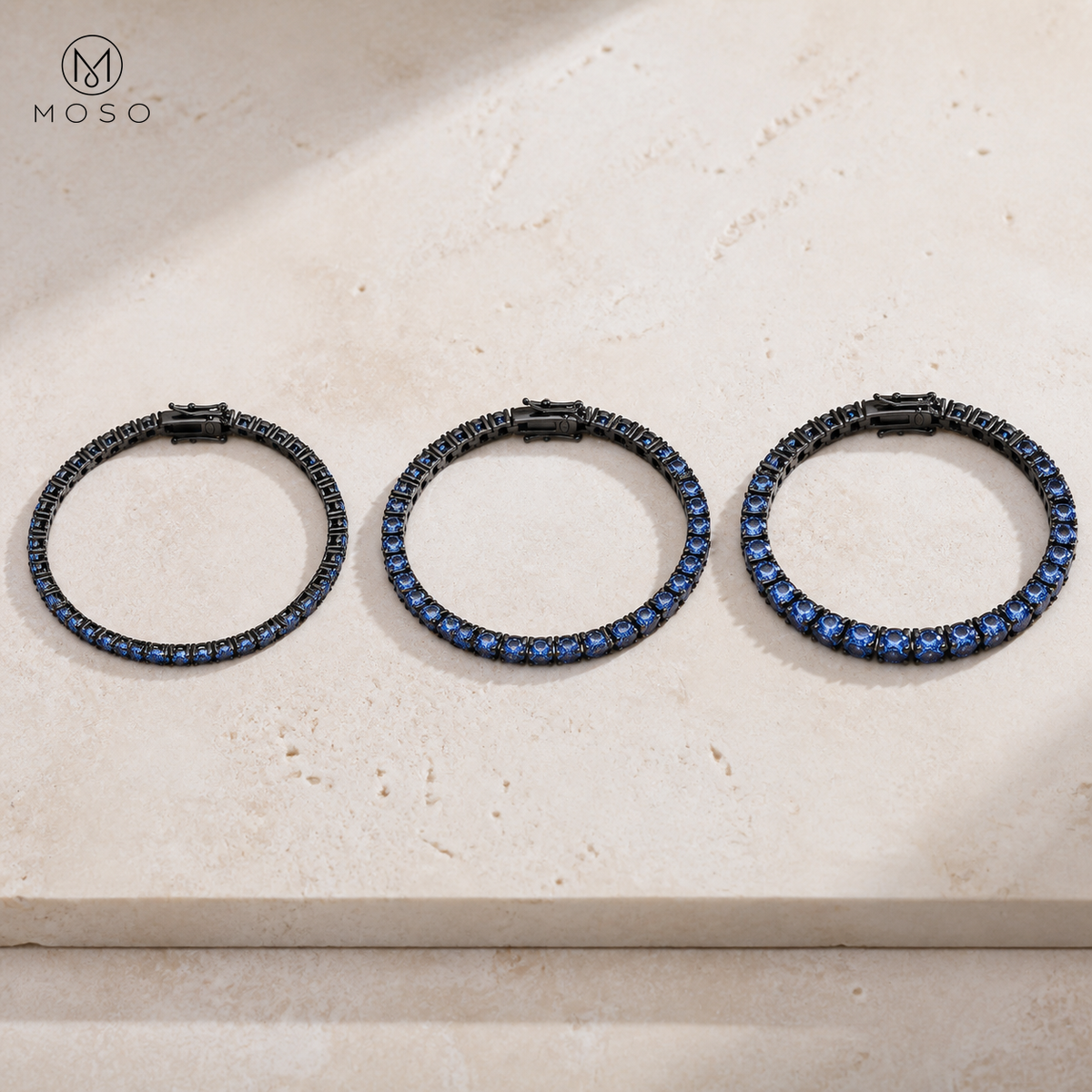 Ellie blue moissanite tennis bracelet 3 mm 4 mm and 5 mm comparison