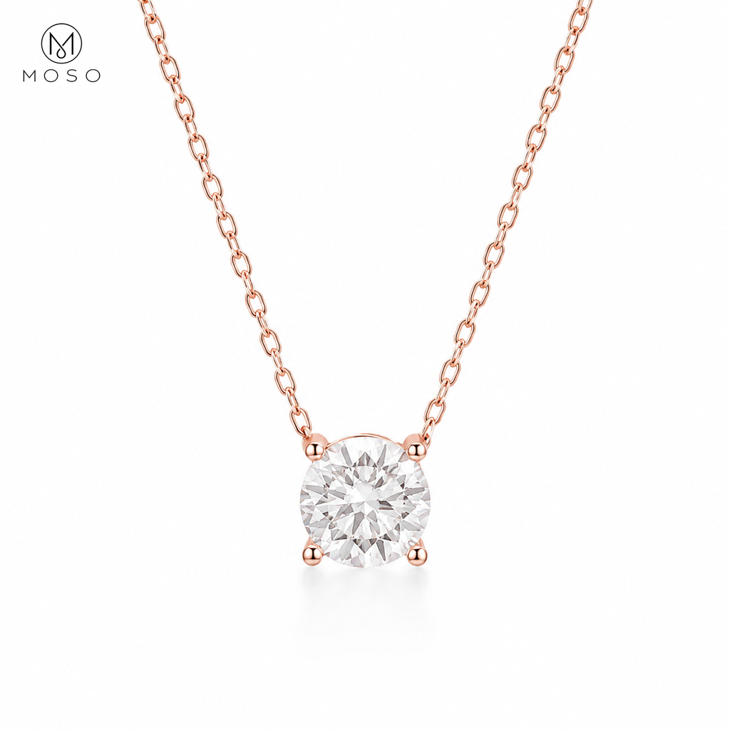 Emily round moissanite solitaire necklace in rose gold colour on a clean white background