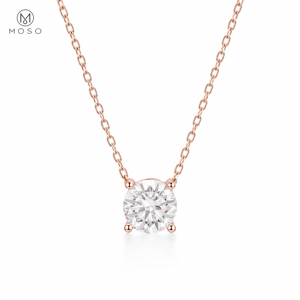 Emily round moissanite solitaire necklace in rose gold colour on a clean white background