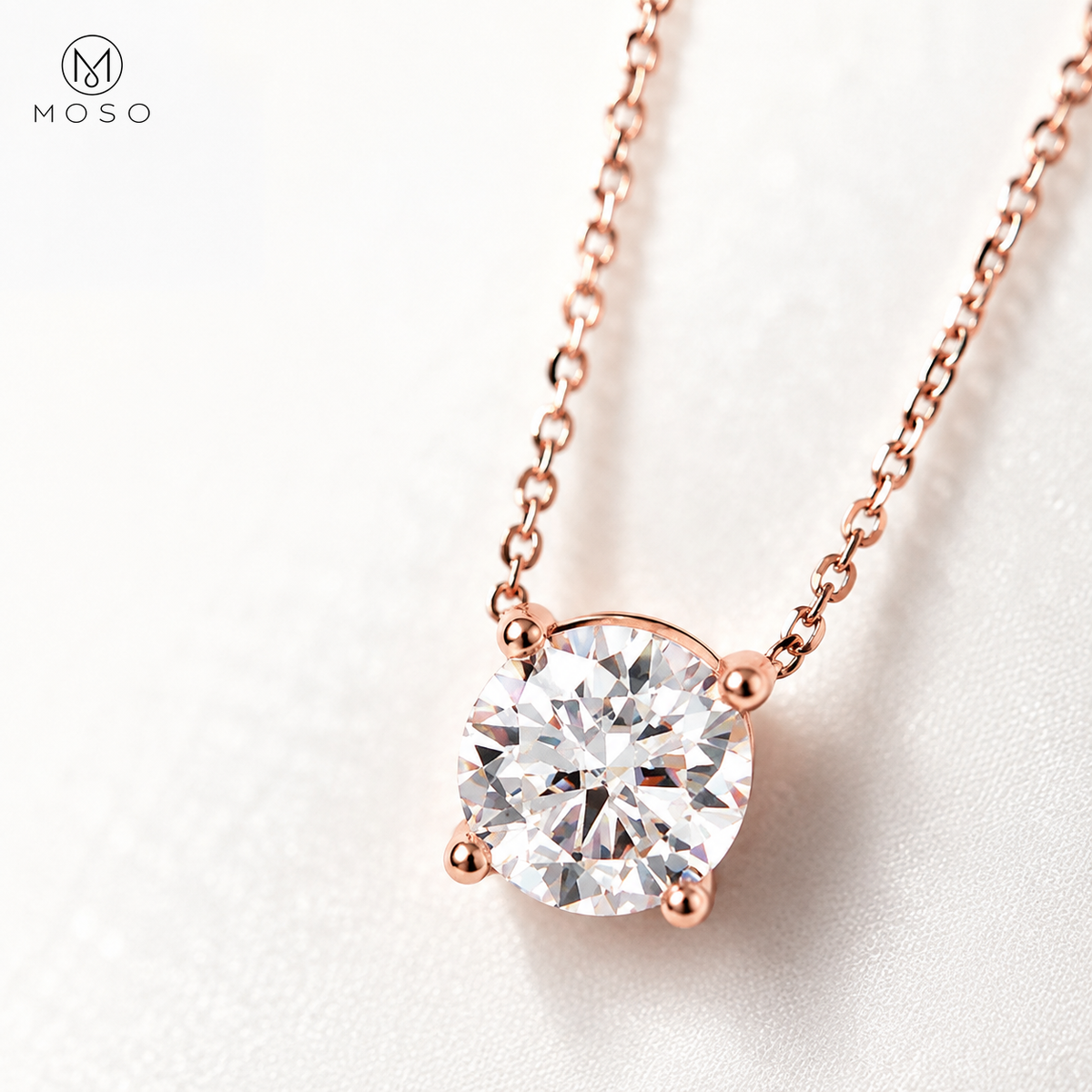 Emily round moissanite necklace four prong setting macro detail
