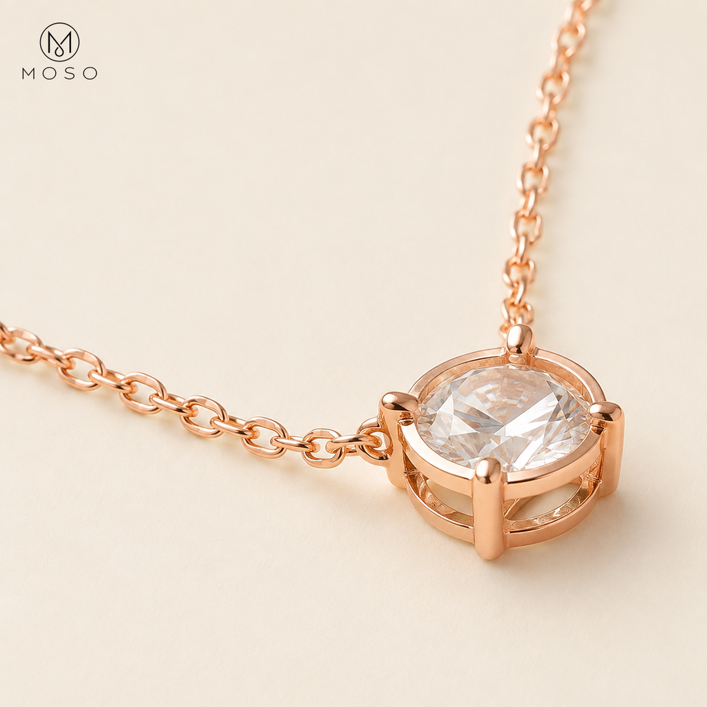 Emily round moissanite solitaire necklace open basket reverse detail