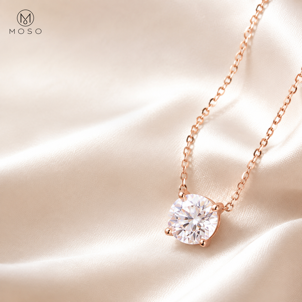 Emily rose gold colour round moissanite necklace on ivory silk
