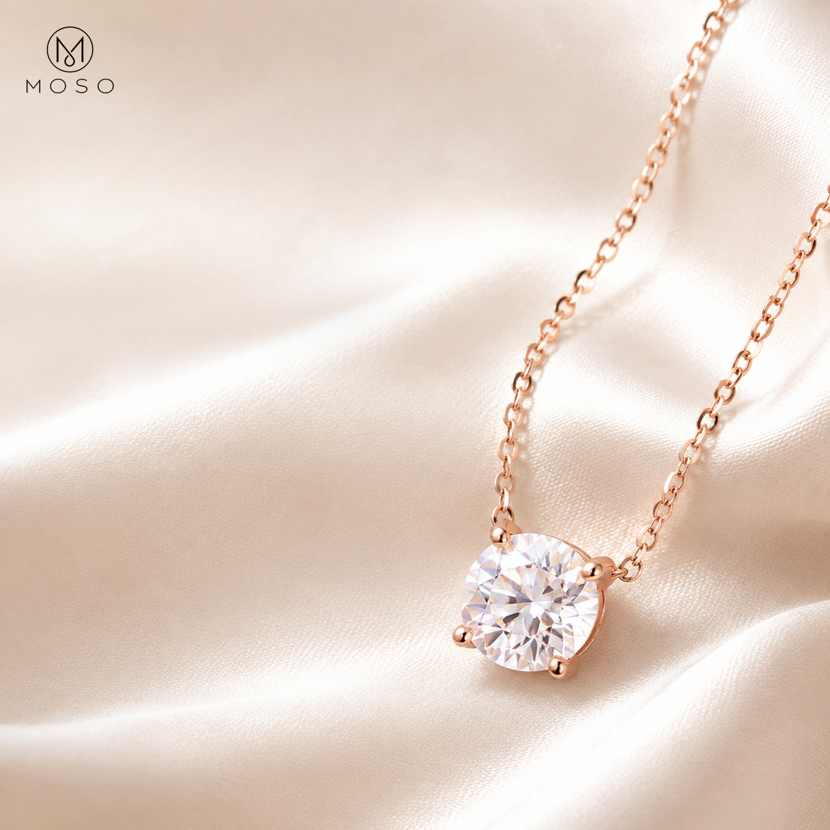 Emily rose gold colour round moissanite necklace on ivory silk