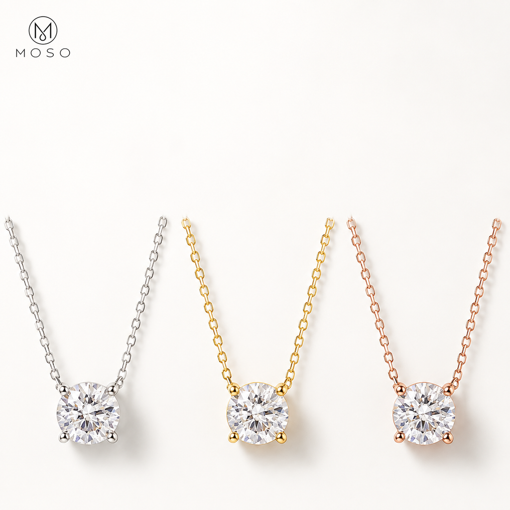 Emily round moissanite necklace in silver gold and rose gold colours