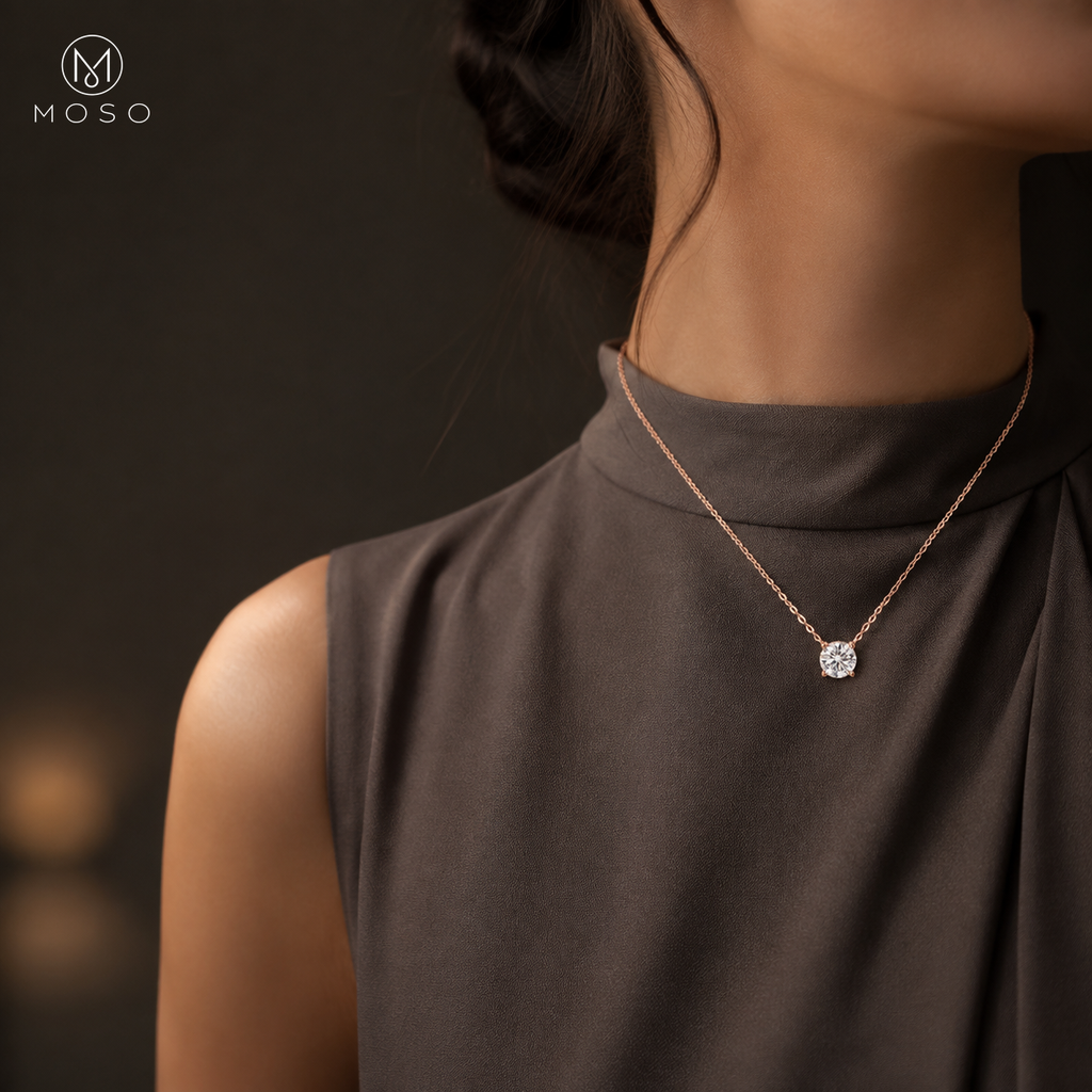 Emily rose gold colour moissanite necklace styled for an evening look