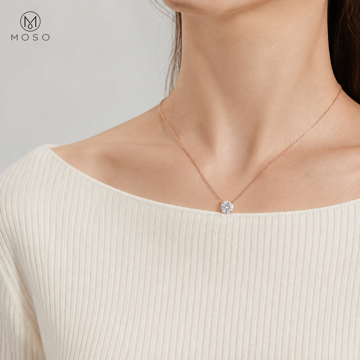 Emily round moissanite solitaire necklace shown at natural collarbone scale