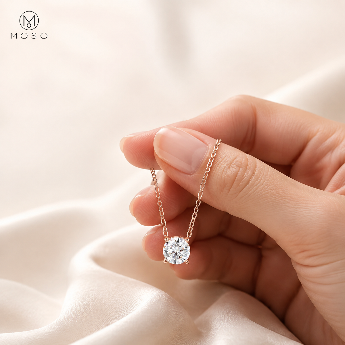 Emily round moissanite solitaire necklace held by hand for scale