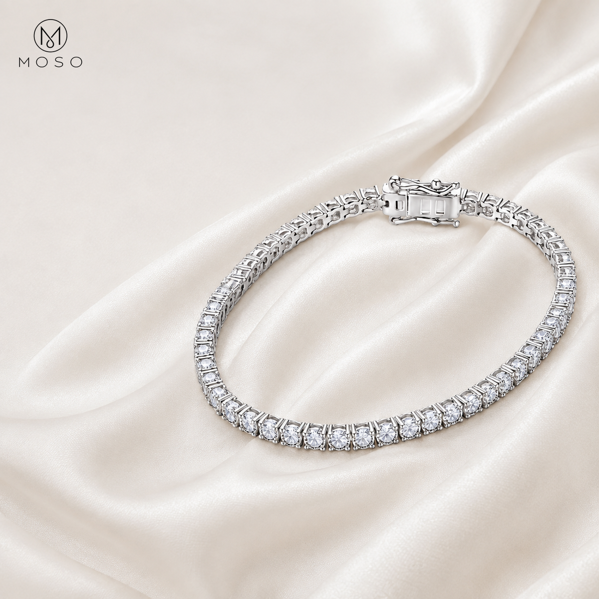Emma round moissanite tennis bracelet on ivory silk