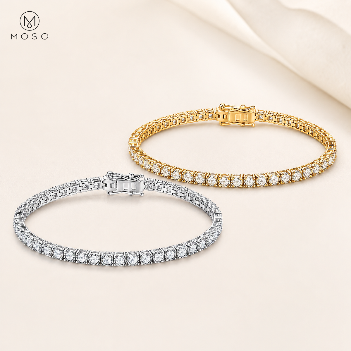 Emma moissanite tennis bracelet in rhodium and gold plated finishes