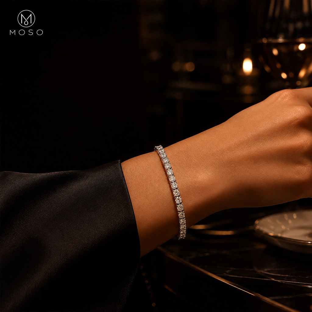 Emma round moissanite tennis bracelet styled for an evening look