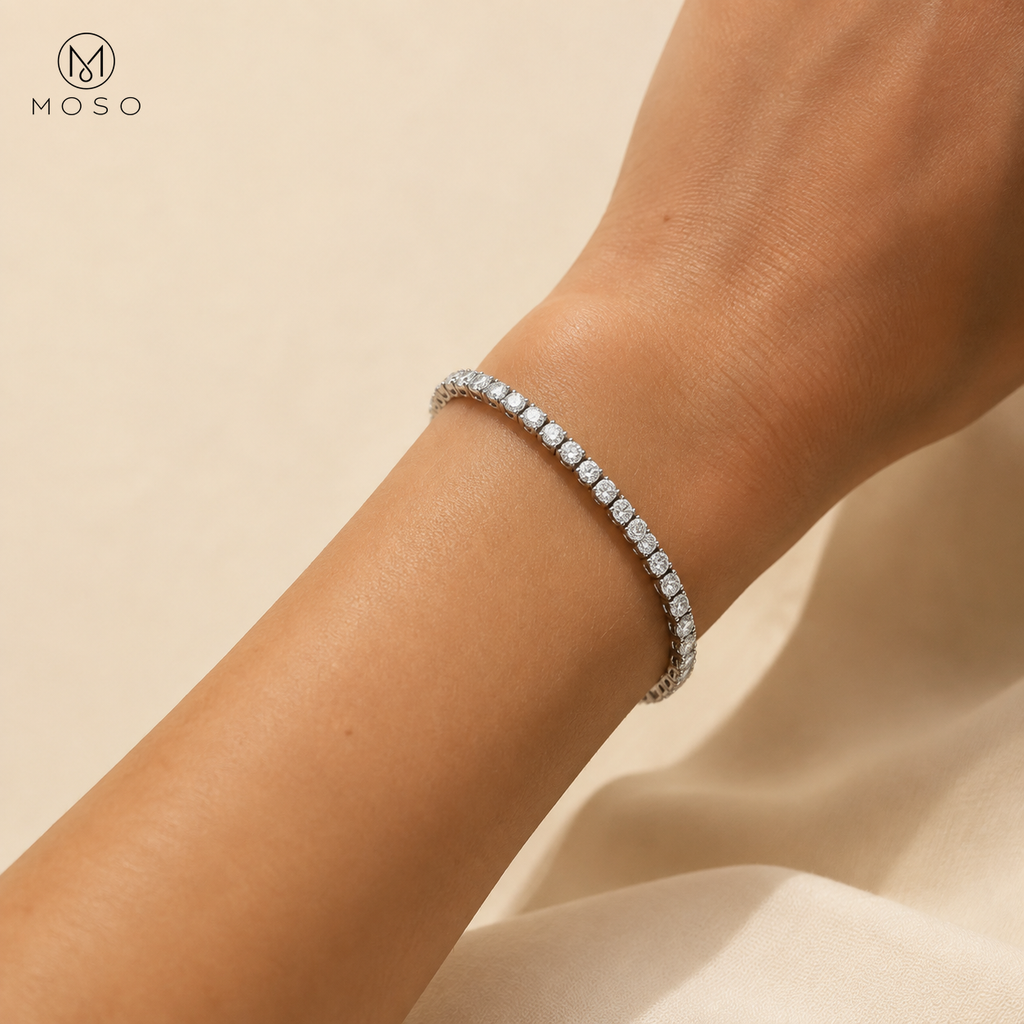 Emma moissanite tennis bracelet shown at natural wrist scale