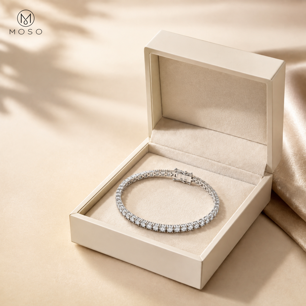 Emma round moissanite tennis bracelet in an ivory gift box