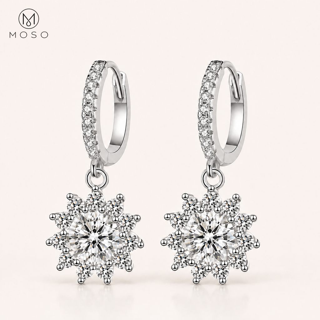 Evelyn round moissanite halo drop earrings in 925 sterling silver, clean front view | MOSO