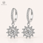 Evelyn round moissanite halo drop earrings in 925 sterling silver, clean front view | MOSO