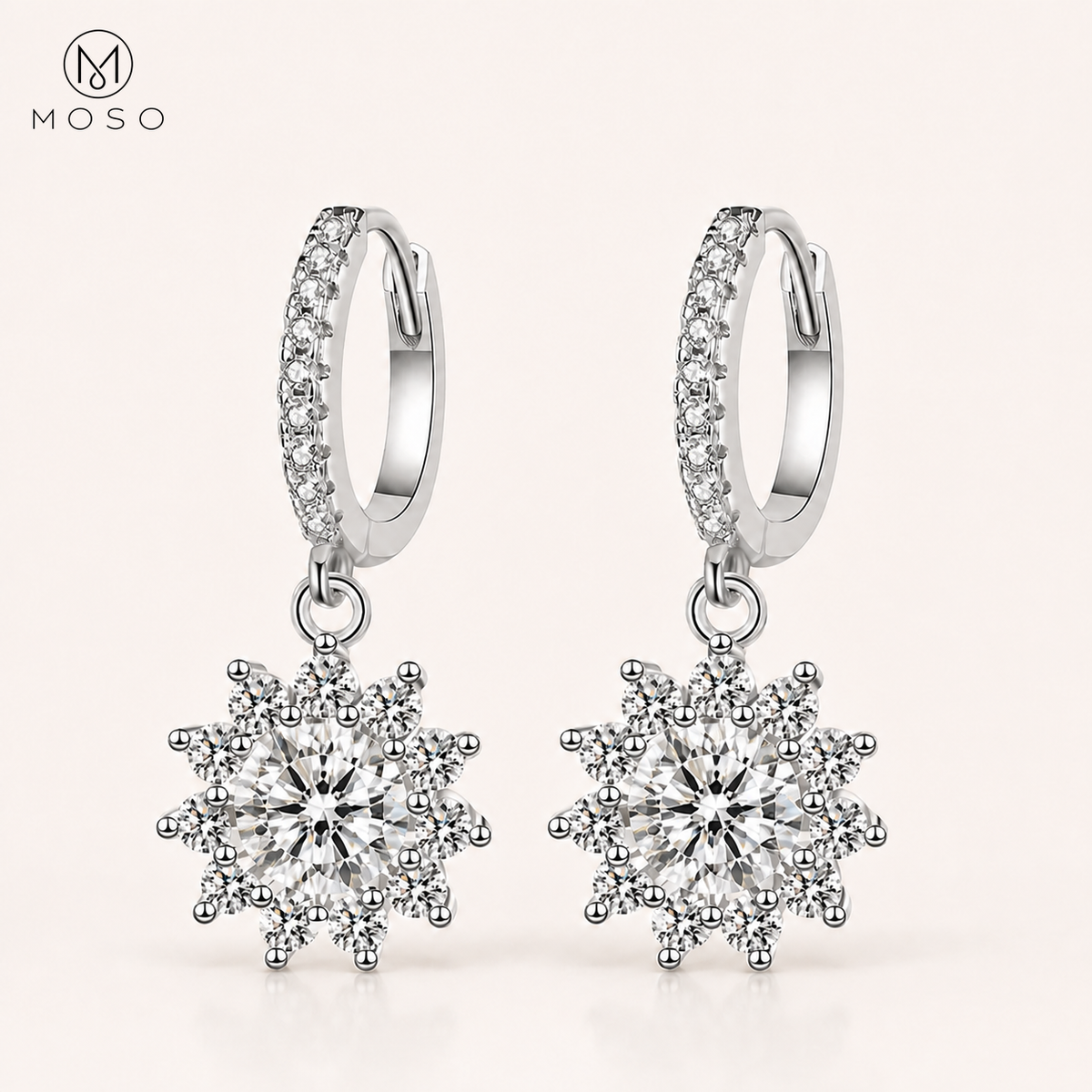 Evelyn round moissanite halo drop earrings in 925 sterling silver, clean front view | MOSO
