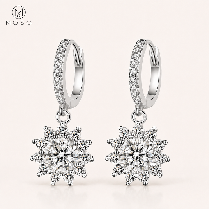Evelyn round moissanite halo drop earrings in 925 sterling silver, clean front view | MOSO