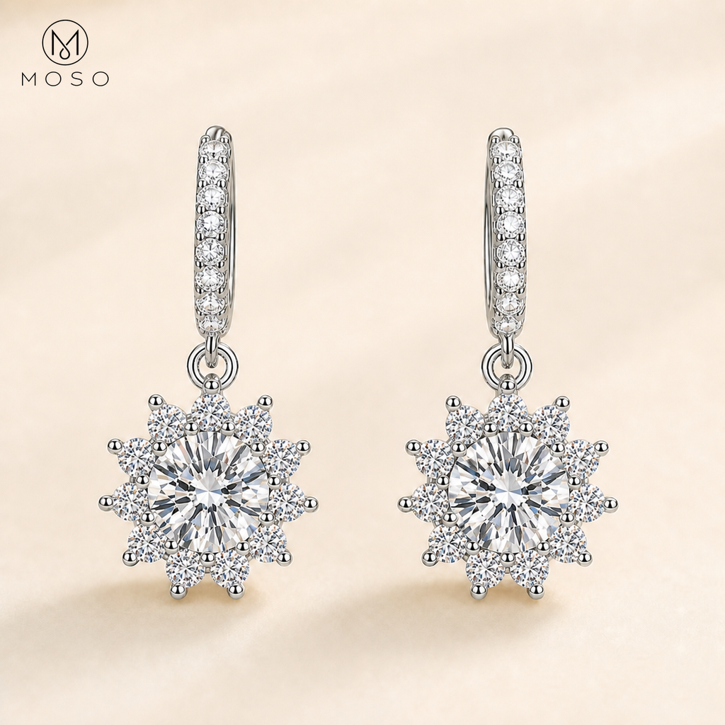 Evelyn moissanite drop earrings with round centre stones and clear halo, front close-up | MOSO