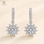 Evelyn moissanite drop earrings with round centre stones and clear halo, front close-up | MOSO