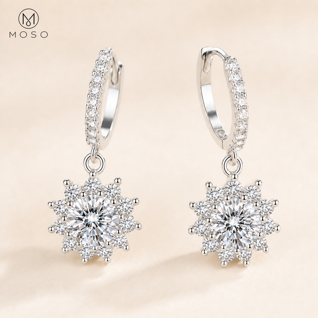 Evelyn round moissanite halo earrings in polished sterling silver, side angle | MOSO