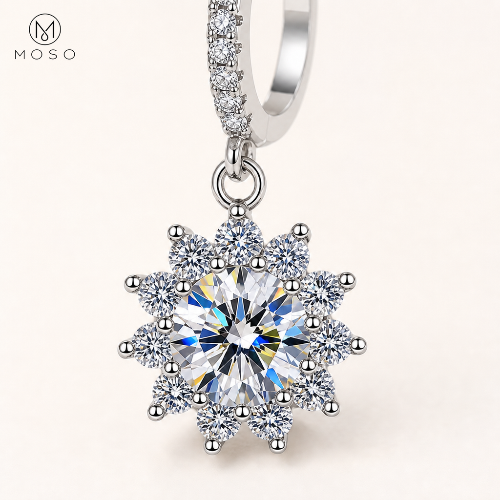 Evelyn round moissanite centre stone with clear floral halo, macro detail | MOSO