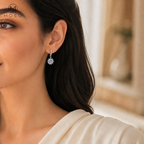 Woman wearing Evelyn round moissanite halo drop earring, styled in the UAE | MOSO